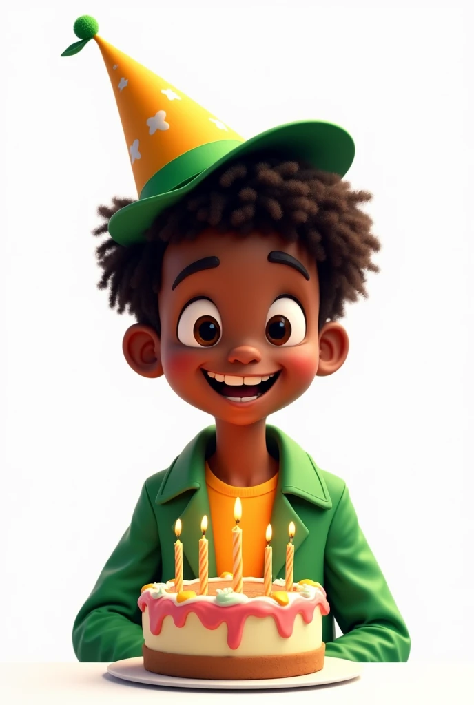 Teenager Dark-skinned Man Dressed In Green Blowing A Cake And Wearing A Hat On His Head Animated Cartoon Beardless Blowing Wavy Hair Half Body On White Background