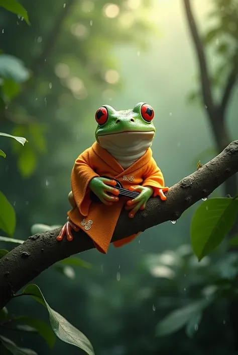 On a branch in the rainforest，Light rain，Morning dew sparkles，A fat tree frog playing the biwa，The frog is on a branch of a distant tree.，The frog is wearing an orange Chinese dress，Ultra-realistic，high resolution，