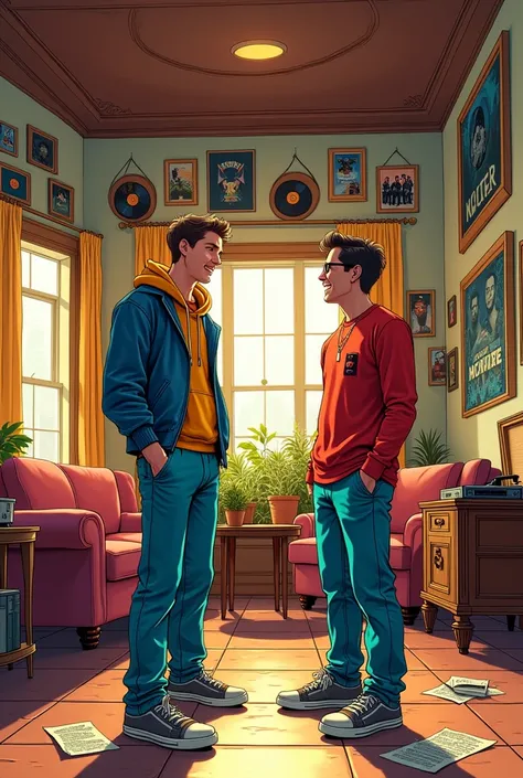 Peter Parker and Harry Osborn standing, canvas pants dresses, discussing music inside a big house. Comic Type
