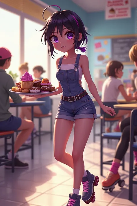 Sexy anime femboy boy in a cafeteria carrying a tray,She has some curvy short shorts, and an apron that squeezes her waist, She has warm socks on her feet and some skates, She has disheveled black hair with purple streaks and has a small low ponytail, viol...