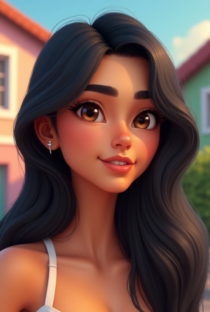 An image similar to the game The Sims, of a Brazilian woman with long black hair, brown eyes and fair skin, only image of face and shoulders