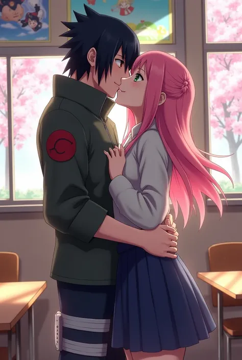 Sakura haruno anime woman with big  and ass hugging and kissing a sasuke uchiha anime boy with black hair and black clothes in the classroom the boy is grabbing her ass