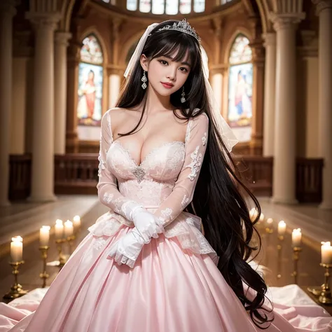 wear wedding gloves, best quality, Delicate face，beautiful visual work, lifelike, eternity, black hair, Long curly hair, blunt bangs, Smile, Detailed Background, Delicate face，pink blush，cold，((masterpiece))、(top quality)、8k、high detail、Super detailed，31 y...