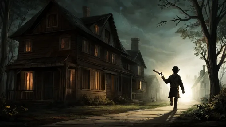 “A curious boy holding a flashlight, walking towards the old, haunted-looking house with a determined expression.”