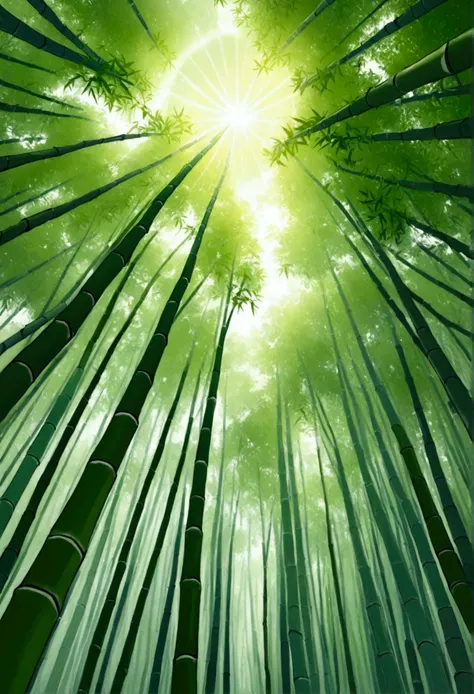 Looking up at the bamboo forest.Green bamboo forest towers into the clouds,The branches and leaves are whirling,Swaying gently in the wind。The sun shines through the gaps,Be in the middle of it,It’s like entering a paradise that goes back in time,Far away ...