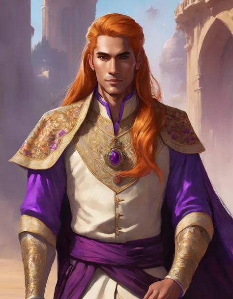 Handsome man with long orange hair and purple eyes, light tan skin, broad shoulders and wearing a royal outfit. NO facial hair, no smile
