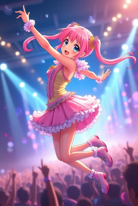 Anime girl with two pink hair ties jumps idol turns to the side and raises her arms