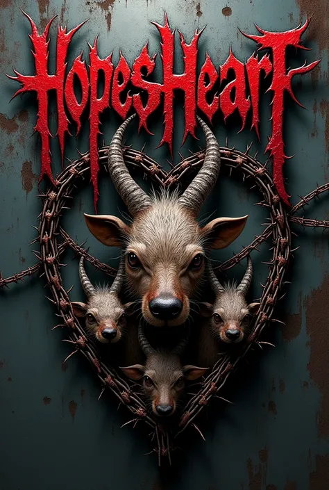 Hyper realistic , 4k, ultra realistic,A Deathcore Metalcore band logo with the text “HopesHeart” at the top and then “Ark of Suffering” at the bottom. The theme of the logo is a protest against animal cruelty, beuatifl