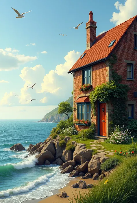 House with bricks and sea besides it 