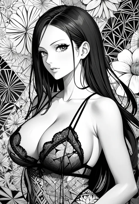 Nico Robin, One Piece, absurdres, highres, ultra detailed, ultra-detailed background, detailed background, extremly detailed, 1girl,bunch of flowers, (zentangle:1.2), (geometric:1.2), black and white color palette, monochromatic, big breasts, cleavage, sid...