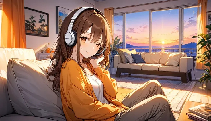 (Brown haired woman wearing headphones), (Relaxing in the living room in the evening listening to background music), (Very detailed, masterpiece, Highest quality, bright), (Anime Style)
background: Orange sky at sunset: Calm eyes closed, relaxed expression...