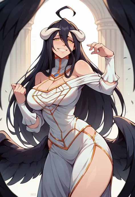 Albedo_Overlord,black hair,white horn,curvy body,big breast,big thighs, wearing original dress, gently smiling, leaning by the pillar, midnight setting,erotic pose, nsfw,((doujin art style)).