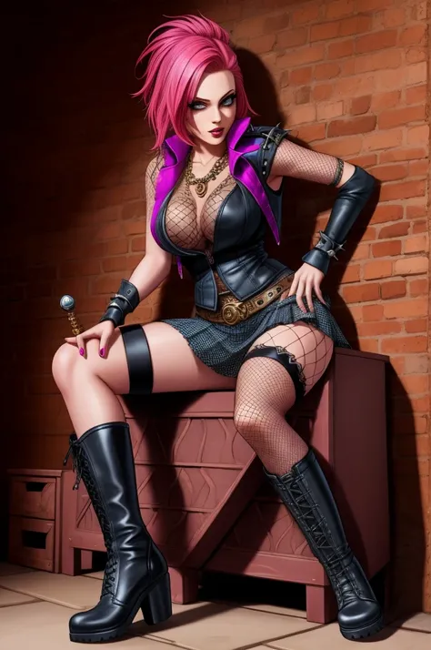 punk sorceress, sitting, wand, boots, fishnet stockings, mini skirt