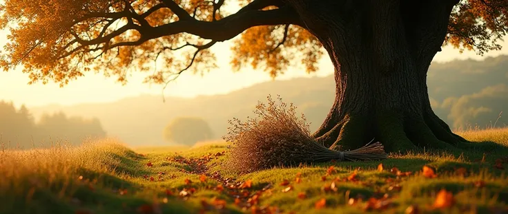 An empty bunch near a tree, countryside background, trace of steps on the ground, leaves on the ground