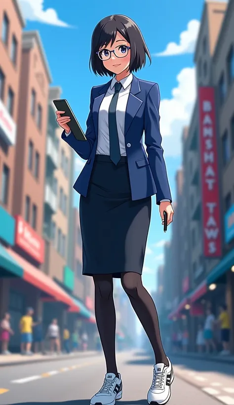 The young woman short black hair wear a blue suit, white shirt, dark blue necktie, black pencil skirt, black underpants, long black tights, black socks, white New Balance 530 sneakers.

She wears the white glasses, Her left hand holds a tablet, Her right h...