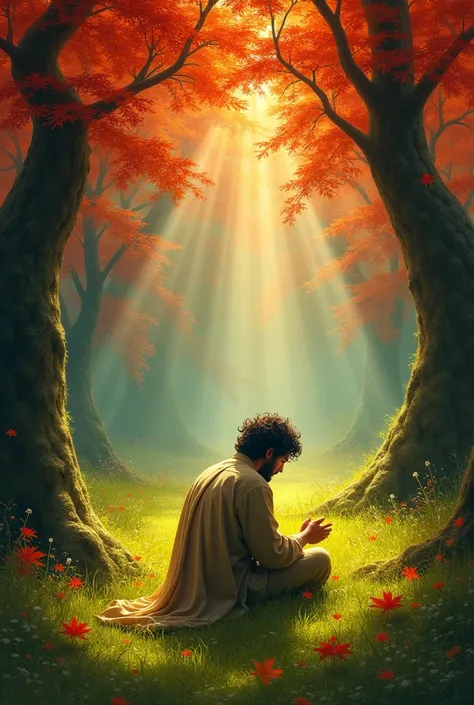 A man prostrate on the grass of a reddish and orange forest praying