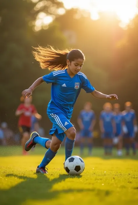 A 16 years men playing football with long hair and name Nadim in jersey.
