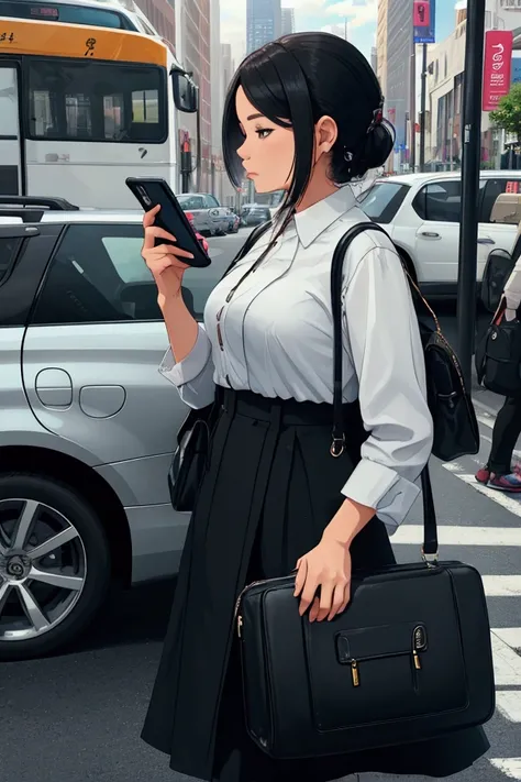 A woman using a mobile app on her phone while waiting for a vehicle.
