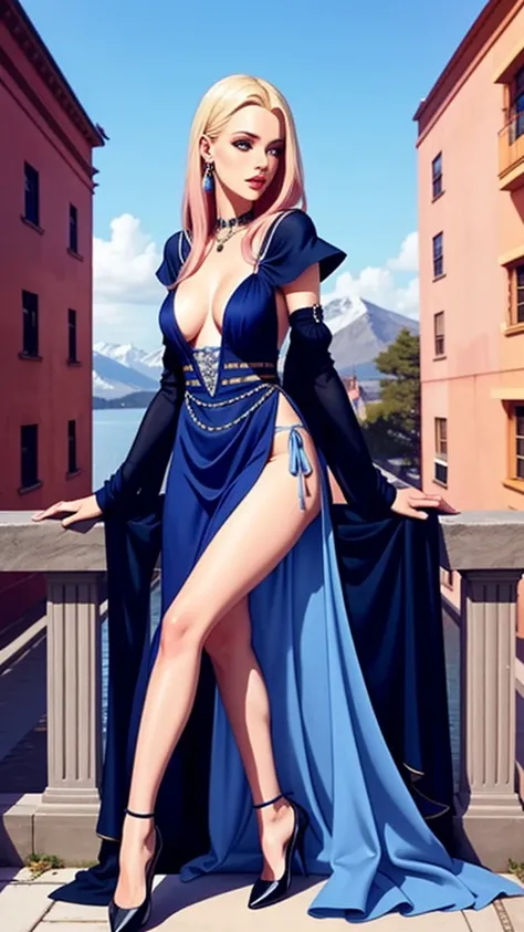 sorceress, long blue dress, leg slit, panty shot, panty slip, wardrobe malfunction, pink panties, blonde hair