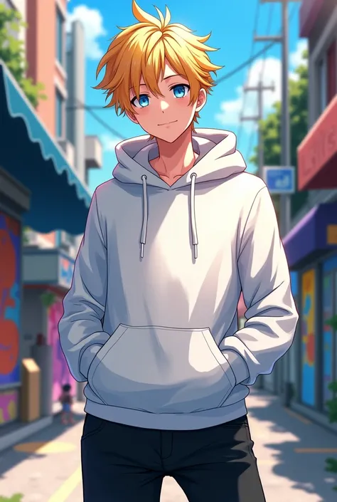 Create an 18 year old with blonde hair blue eyes with a white hoodie black pants anime version man 