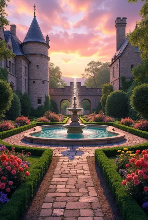 A castle garden with blooming flowers, well-kept shrubs and a marble fountain in the center. The sky is tinted with warm tones, as if it were dusk.