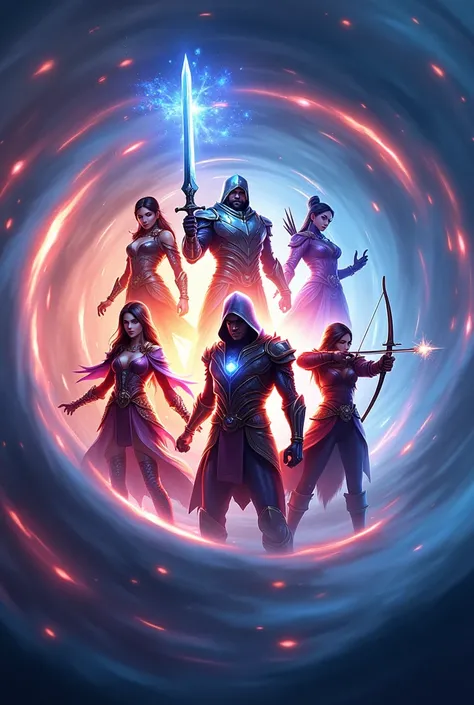 A title picture on the topic "vortex" for an esports group. With a swordsman, a magician, an agile assassin , an archer and a heavily armored person. All in the style of Mobile Legends Bang Bang