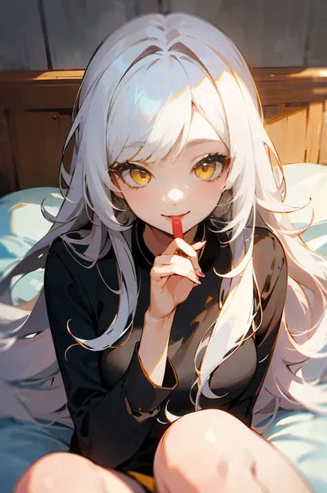 A beautiful woman.legs spread, Vibrant yellow eyes. Long fluffy hair with bangs. White eyelashes. Smiling playfully. Black shirt. Long hair. One person. White hair. holding lollipop, strawberry lollipops, laying on clinic bed, lazy on bed