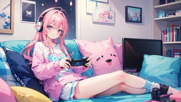 Please draw a scene of Kawaii playing a video game.。With a smile、Sitting on the couch with a game controller in hand、I have headphones on。In the background, a cozy room is depicted.、You can see the game monitor and decorations。Dressed casually、The colours ...