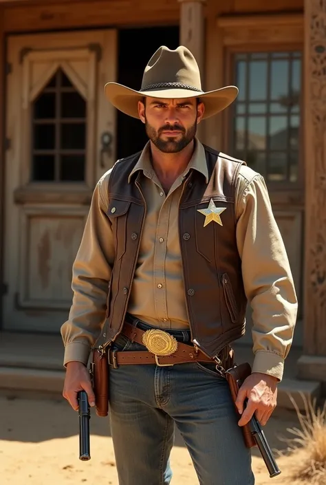 30 year old man wearing a cowboy costume and the hat, his arm is ready to pull his guns from the holster on his hip, hes in a cowboy town and in fornt of a saloon wood door, he wear a leather vest with a sherift star