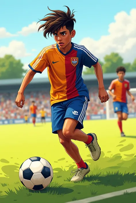 A 16 years men playing football with hair and name Nadim in jersey in sketch sade
