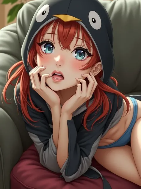 Lying on a sofa in a blue bikini with little fabric, red hair, cute 20-something woman, large breasts, hands on lips, wearing a penguin hoodie,full body,  (embarrassed,blush:1.3), beautiful photo