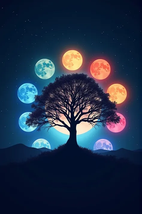 Tree logo with 11 moons of different colors