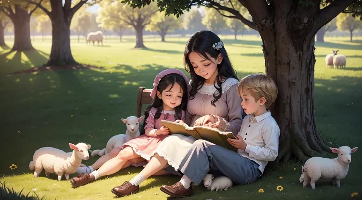 As the day comes to a close, the children and lambs settle down for a cozy story time under the tree. The children read a book about God’s love, and the lambs listen attentively, their little faces filled with joy and contentment.