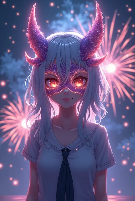 A silver-haired human wearing a fireworks-themed mask, anime style