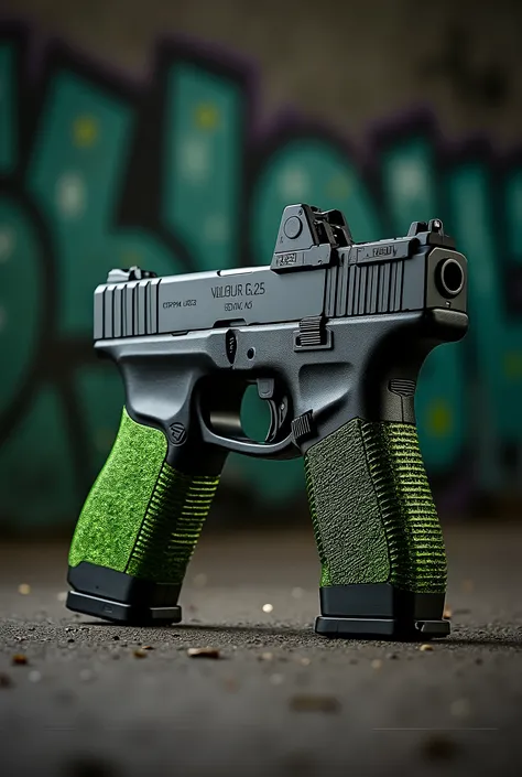 a customized glock g25 with green and black colors
