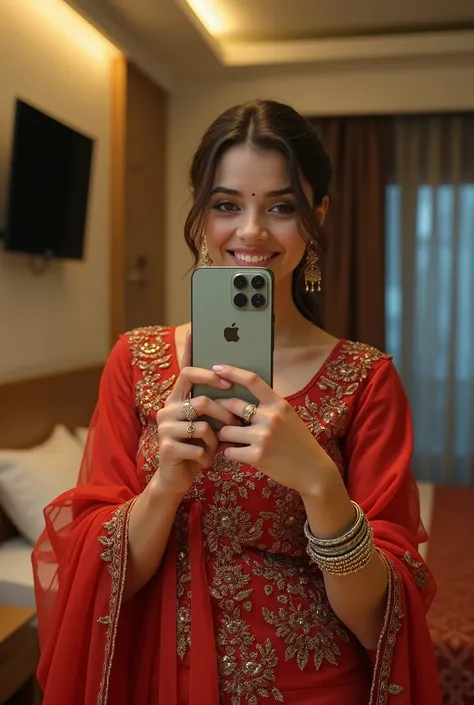 A 20 years indian beautiful girl wearing a beautiful dress of odisha have taken a mirror selfie inside her bedroom with her iphone 15 pro max where the iphone logo is clearly visible and the backgrounds are also like morden house contains ac tv wifi etc