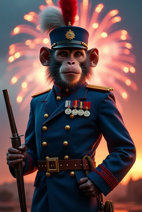 A realistic macaque in the uniform of a student at the Saint-Cyr Special Military School. Il porte un sabre dans la main droite et un revolver ancien dans la main gauche. The sky behind him is lit up by fireworks.. He is wearing a cassowary, un shako bleu ...