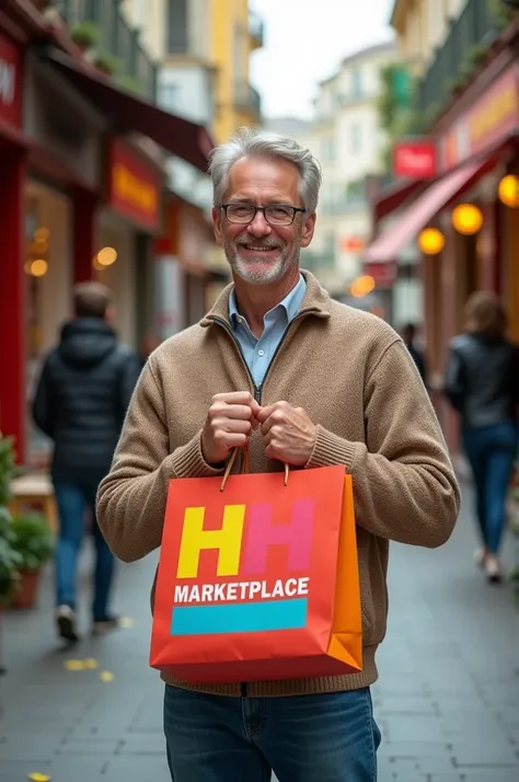 A man holding a shopping bag with logo HH MARKETPLACE 