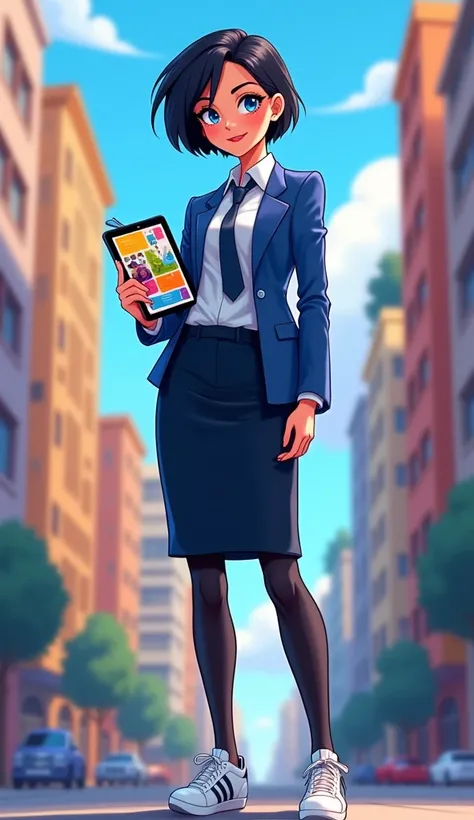 The young woman short black hair and blue eyes wear a blue suit, white shirt, dark blue necktie, black pencil skirt, black underpants, long black tights, black socks, adidas white sneakers.

She wears the white glasses, Her left hand holds a tablet, Her ri...