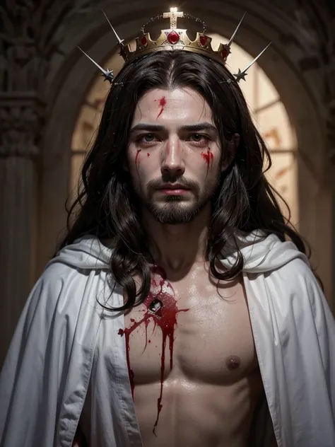 Generate an image of the royal Jesus Christ of Israel with a crown of thorns and completely covered with a cloak and blood on his face 
