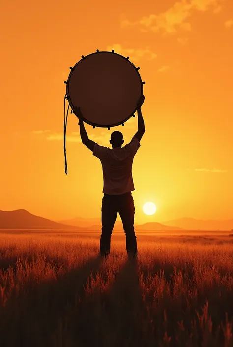 SUPER SIMPLE drawing of a shadow of a man playing a giant drum on a plain