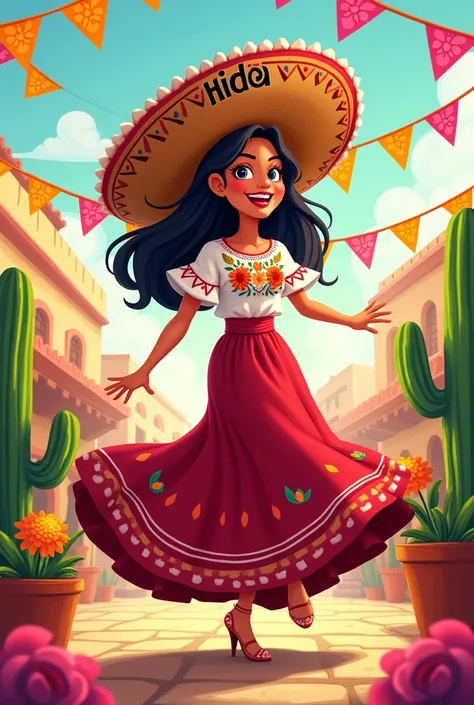 Create a cartoon image of a woman in Mexican clothing and the hat has the name Hilda on it 