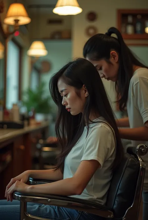 Asian woman cries after being forced to shave her head at the barber