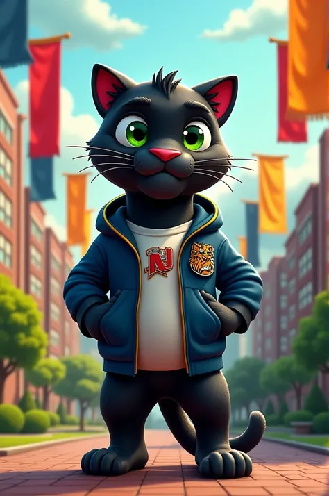 Cartoon panther representing a university with a jacket 