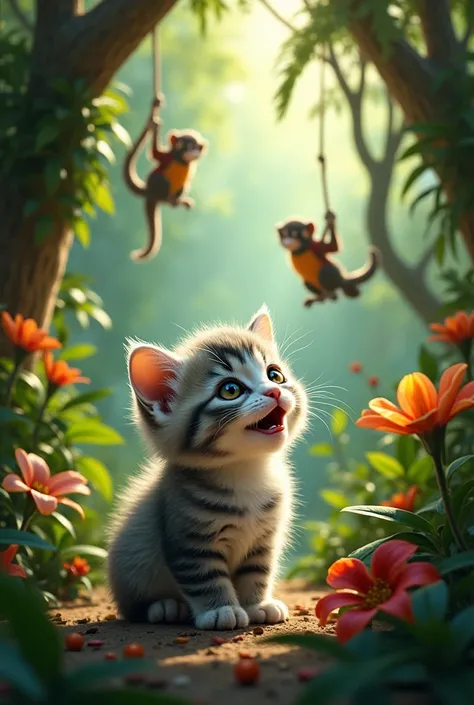 Baby crying cat in the jungle,