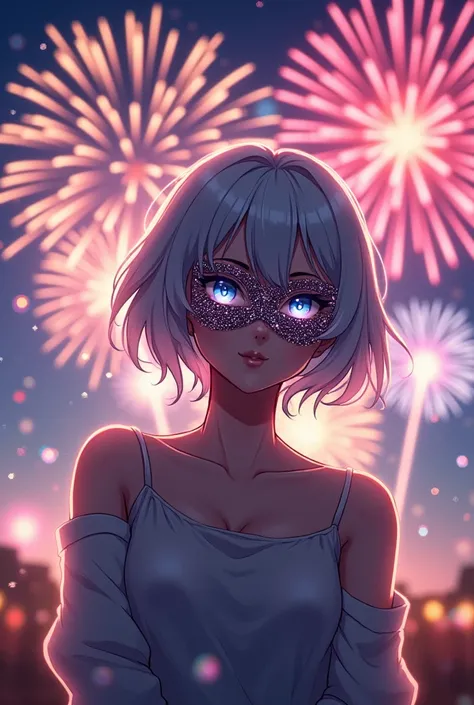 A genderless human wearing a mask Anime-style fireworks Silver-haired short cute 20-year-old