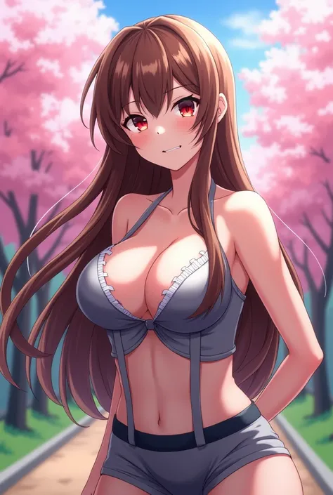 1 girl, breasts, length hair, Brown hair, red eye, Große breasts, smile, Shy, Teuflisches smile, アニメ, 