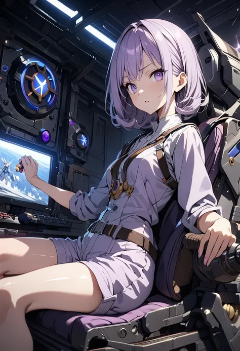 (((masterpiece、High quality, super detailed, 4K))), 1girl, 独奏, light purple hair、light purple eyes、(((Slender)))、lilac shortcut、Shorts、Shiny hair, shiny skin、looking at the camera、surprised, Gundam Wing Cockpit,Joystick,Seat belt,Sitting, masterpiece, High...