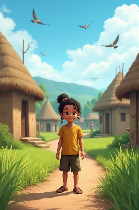 A small girl named Mausami, around 7-8 years old, with a kind smile and simple clothes, standing in a quaint, rural village. The village has mud houses with thatched roofs, narrow paths, and fields of green. The environment is serene, with birds flying in ...