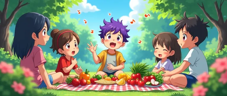 an image that represents what it is "healthy eating tips" with a young boy with purple hair , In 2D Japanese anime that is giving good nutrition advice to some friends 